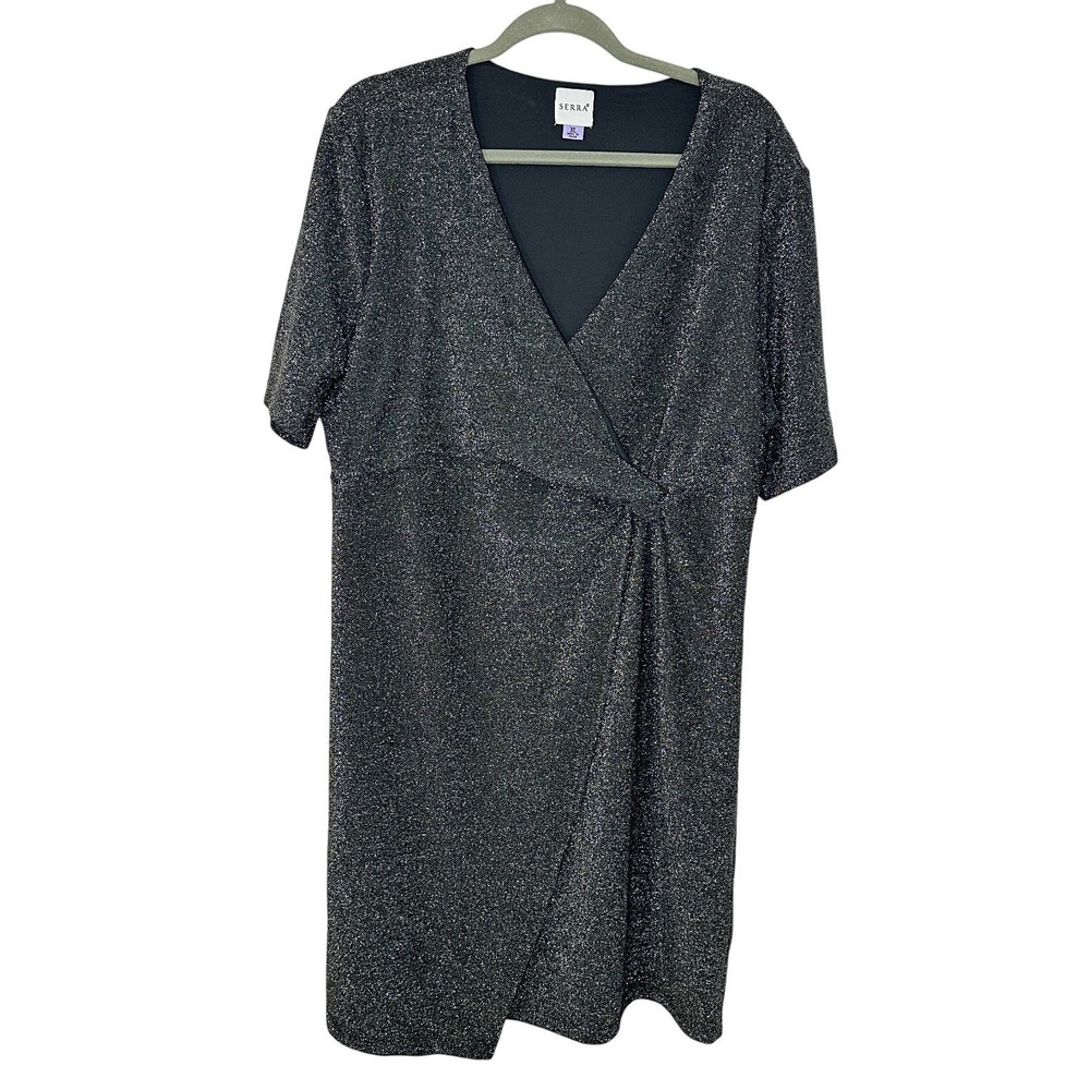 Serra XL Metallic Silver Faux Wrap V-Neck Cocktail Party Dress Short Sleeve